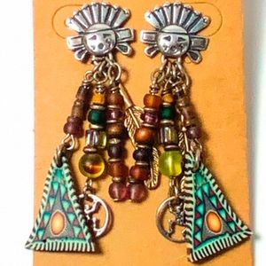 Zuni Sun Face Mask 925 Dangle Post Beaded Earrings